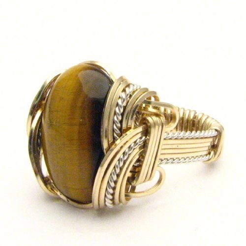 Handmade Wire Wrap Two Tone Sterling Silver/14kt Gold Filled Tiger Eye Agate Ring