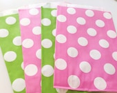 12 Hot Pink & Green Combo Polka Dot Spot Paper Favor Candy Bags - Parties, weddings