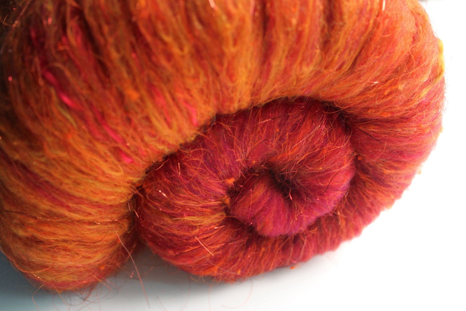 Textured Art Batt Spinning Fiber "Passion Fire 2"  5.1 oz Organic Merino - Cormo - Mulberry Silk - Bamboo