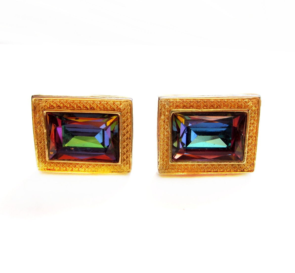 Gold / Aurora Borealis Glass Rhinestone Cufflinks