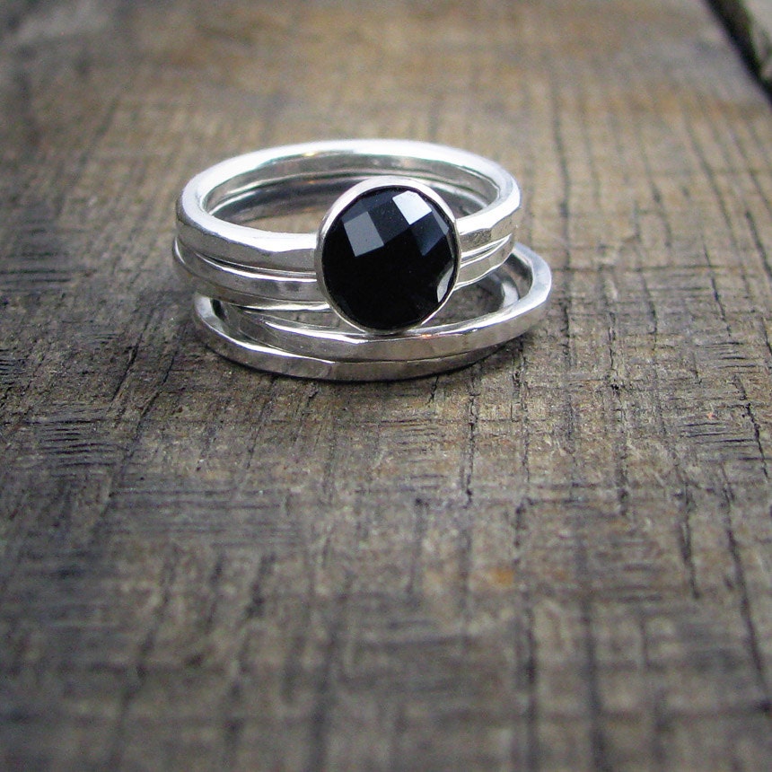 Sterling Stacking Rings - Set of 4 hammered and 1 wide hammered with round faceted Black Onyx