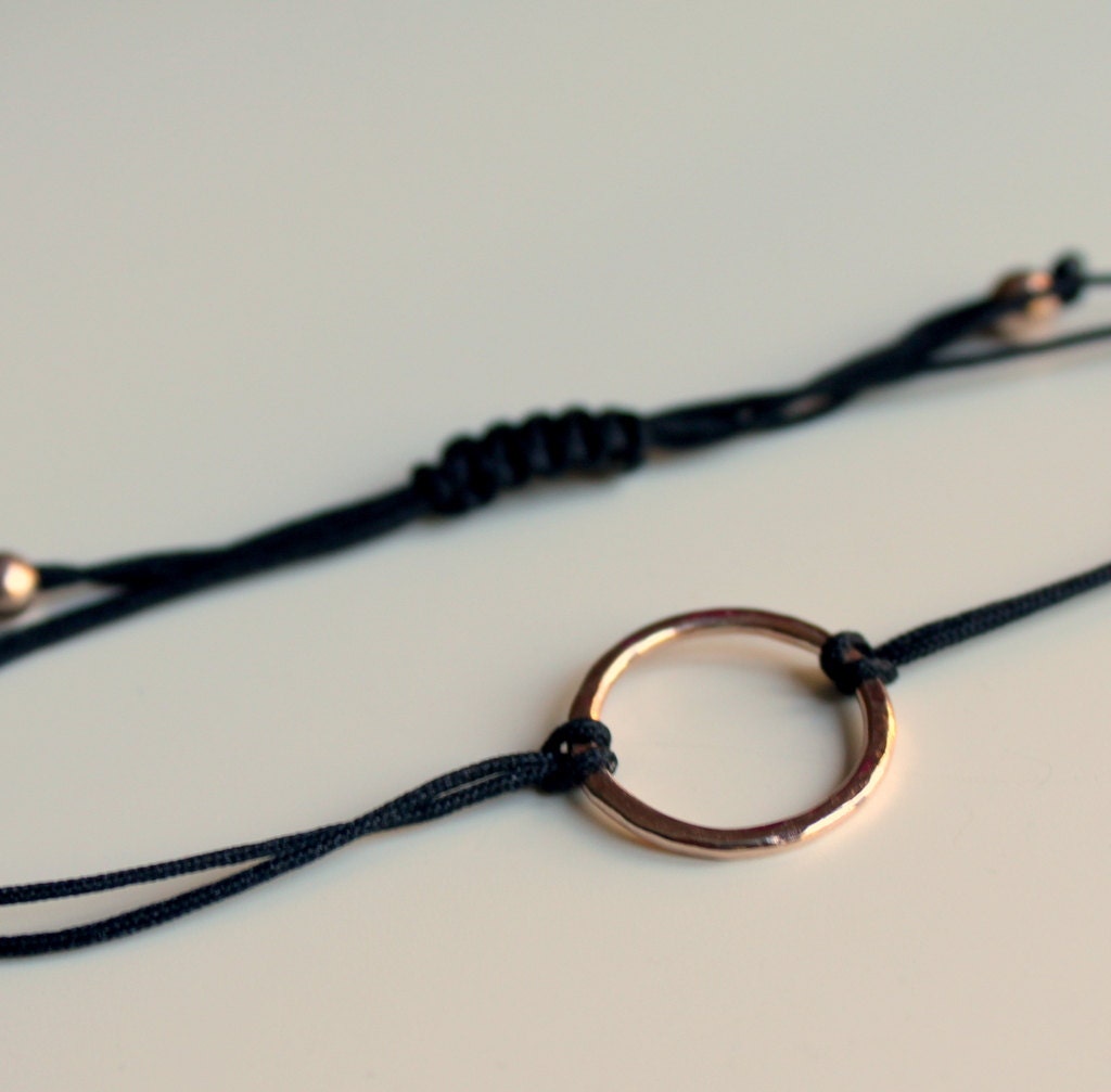Rose Gold Friendship Bracelet Black Hammered Circle Karma Macrame Slide Knot