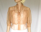 Vintage 40s/ 1940s  Embroidered  Nylon Bombshell  Rhinestone Blouse
