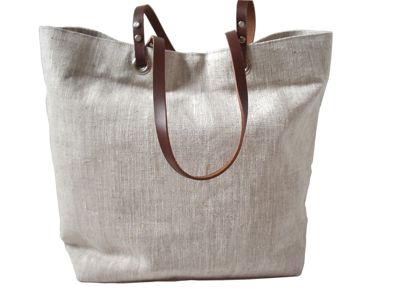 Tote Bag, Natural, Neutral Linen and Brown Leather for Women, Beach Bag, Large, Casual Tote, Everyday Tote, Simple, Casual Handbag