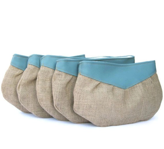 bridesmaid clutch set // turoquiose vinyl - country rustic burlap // set of 5 // outdoor wedding clutches - bridesmaids gifts