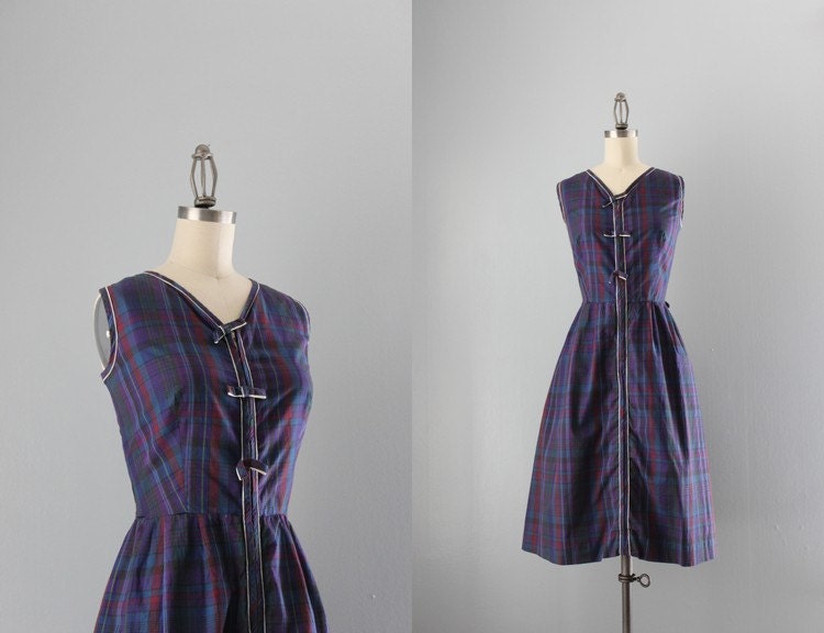 50s Dress / Vintage 1950s Little Bows Dress / Fifties Purple Plaid Sundress