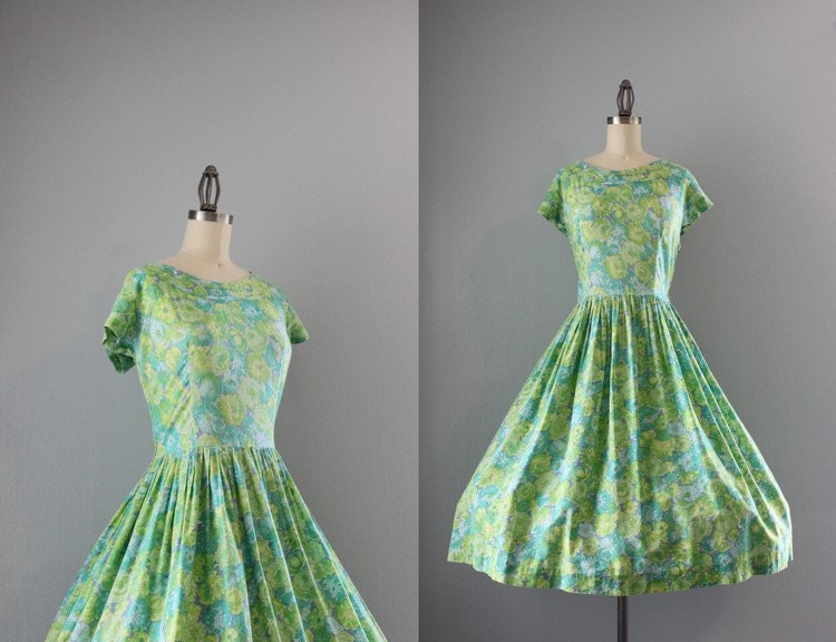 50s Dress / Vintage 1950s Soft Cotton Dress / Floral Fifties Full Skirt Dress