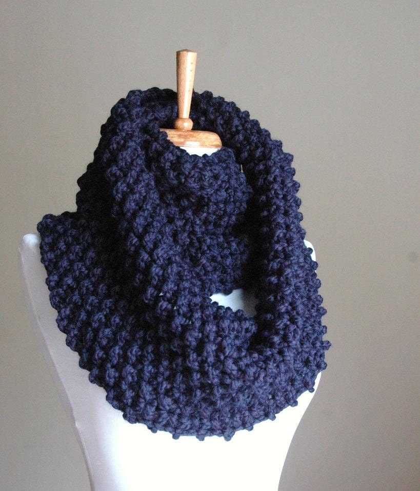 Chunky Hand Knit Infinity Scarf in Neutral Navy Blue Original Design