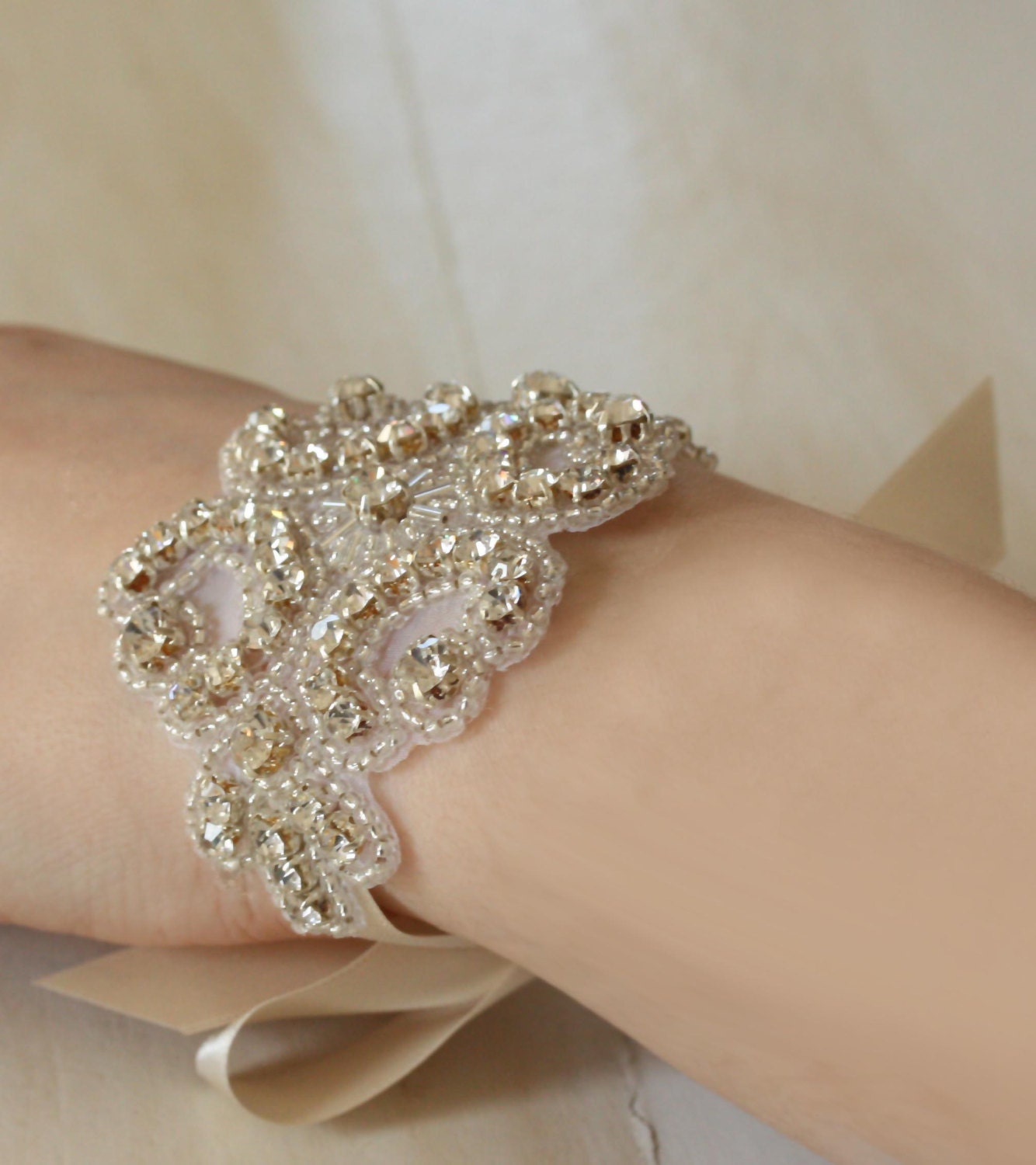 Wedding Rhinestone Bracelet with Ribbon Tie Closure