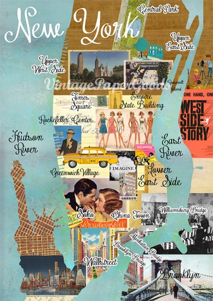 NEW A3 Size: Vintage New York City Map Collage poster print on wooden background, wall art