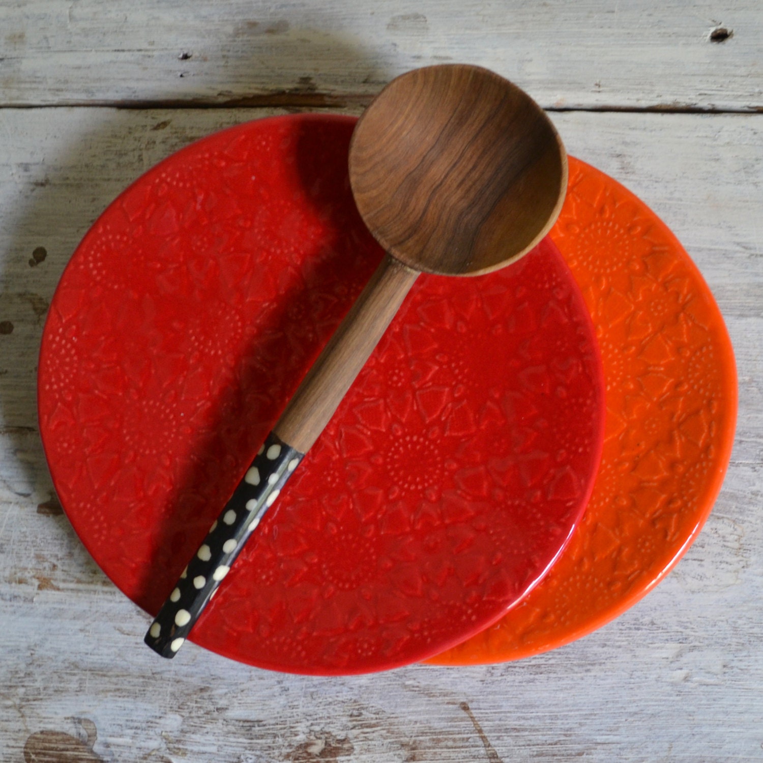 2 Breakfast Plates - Red and Orange - 2 small plates - Wobbly Plates Series