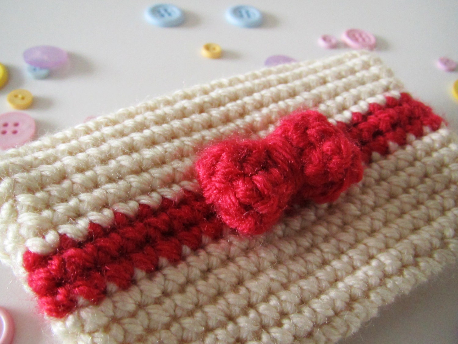 Kawaii crochet - Cream with pink red bow - coin purse - mini wallet