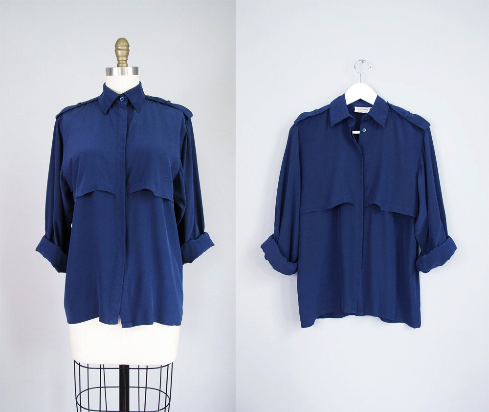1980s DARK BLUE silk long sleeve shirt S