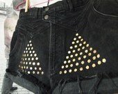 DAFT PUNK // Vintage HIGH Waisted Gold Holographic Pyramid Design on Denim Shorts, M