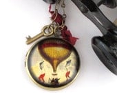 Steampunk Balloon Long Locket Necklace Antique Brass Red Key Designed By Mystic Pieces