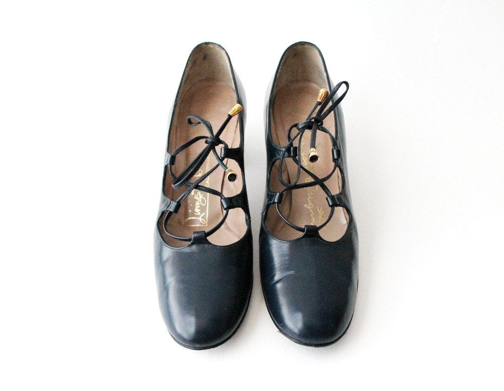 1960's Criss Cross Navy Blue Ballet Pumps
