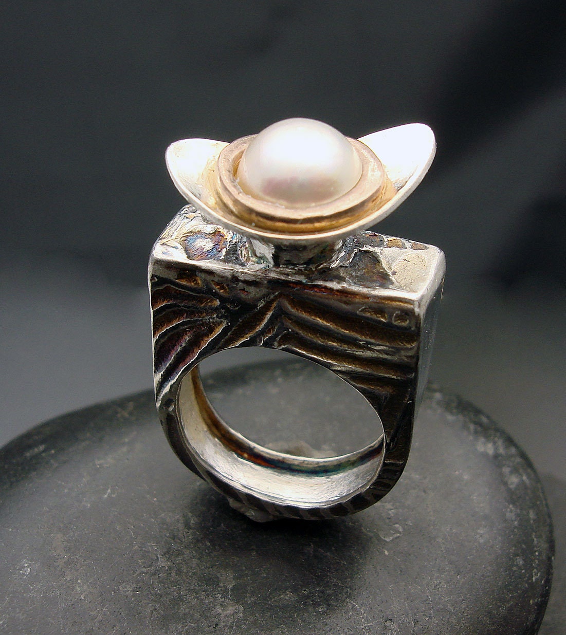 MABE BABY - Mabe Pearl and Sterling Silver Hollow Form Ring with Rose Gold Accents