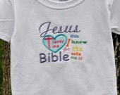 Song "Jesus loves me" embroidered on child's shirt or baby onesie