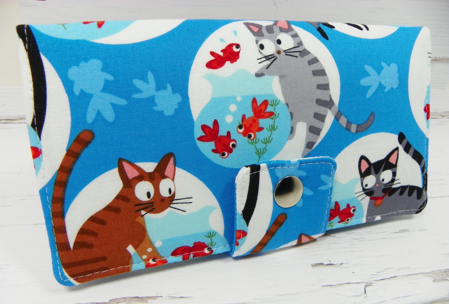 Handmade Long Wallet  BiFold Clutch -   Cats and Goldfish Fishbowls