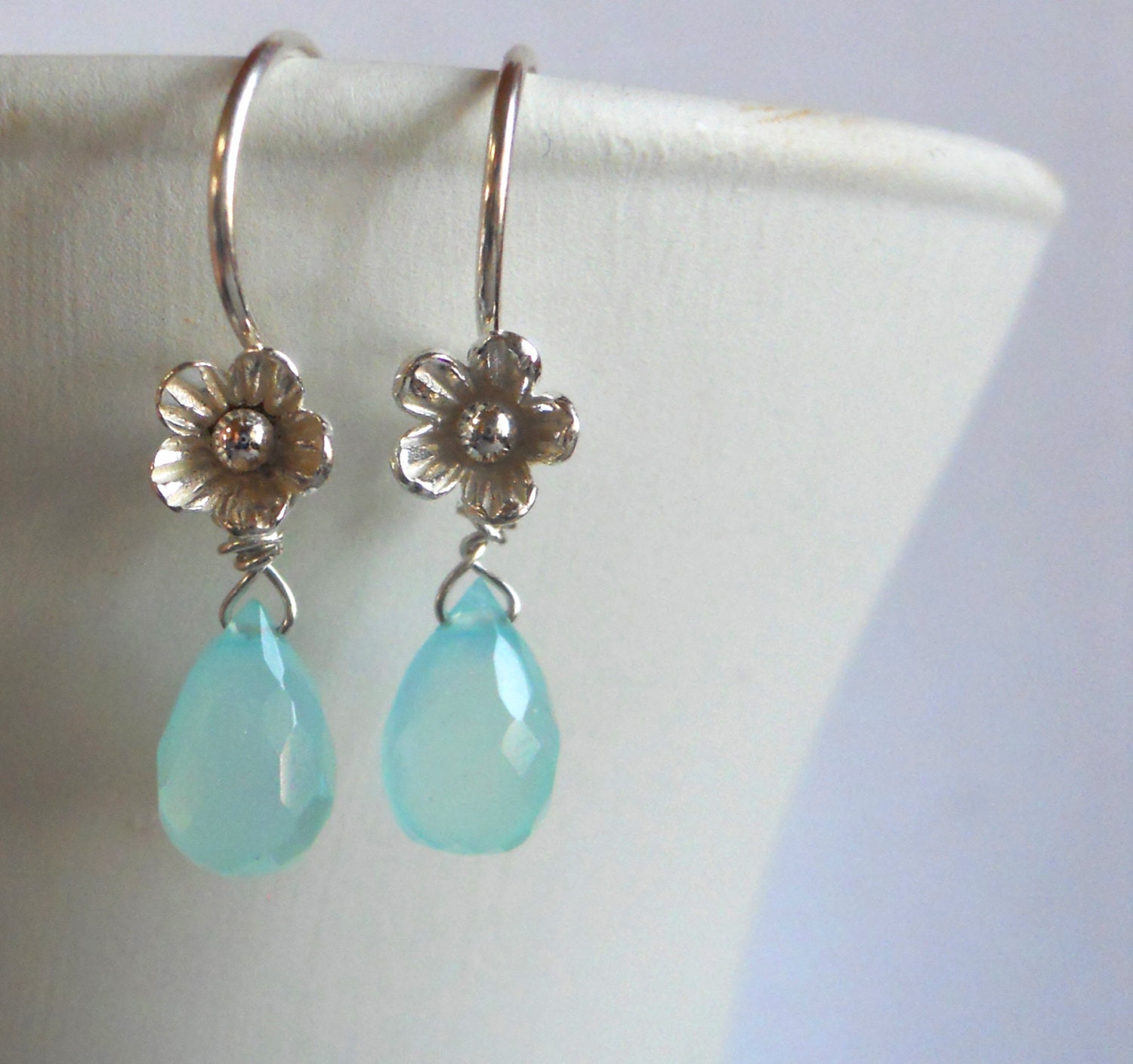 Teeny Aqua Blossom Flower Drops chalcedony earrings - $42.00 USD