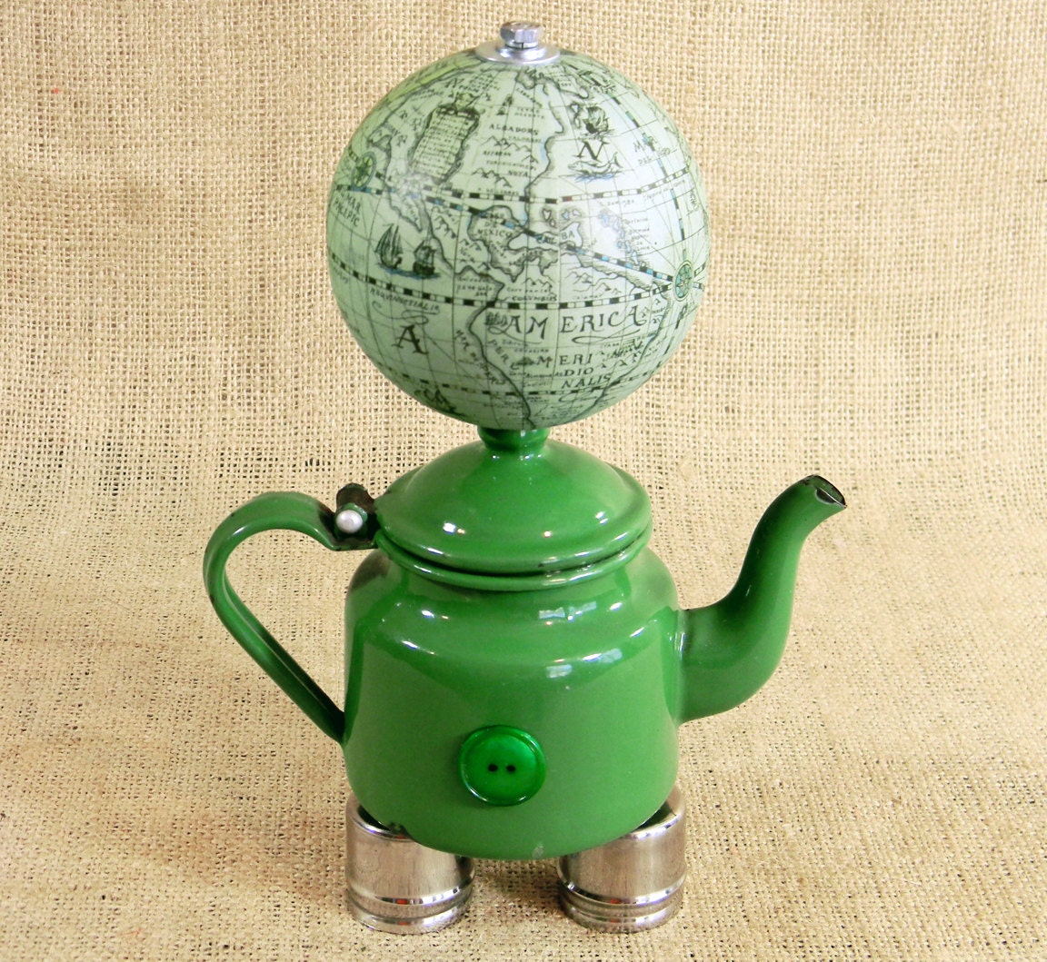 EARTHY - globe head robot assemblage - Reclaim2Fame
