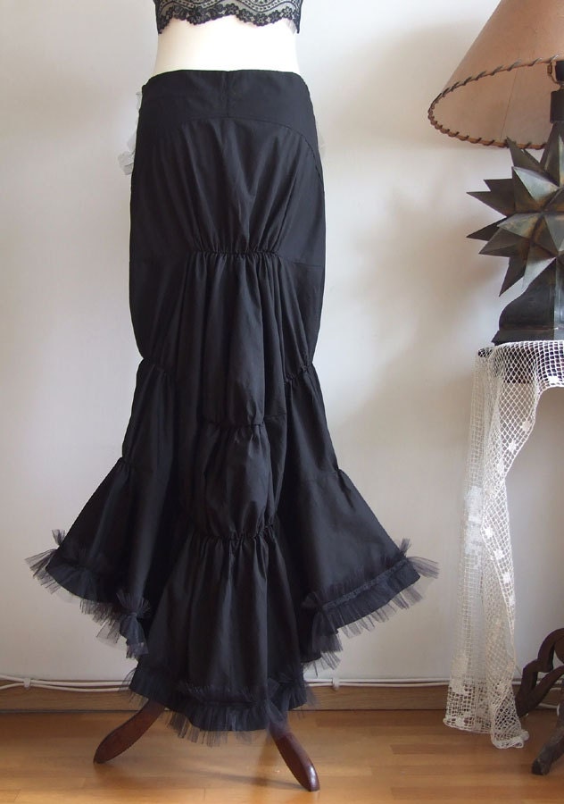 Modern Victorian draped bustle black skirt with tulle ruffles and lace, ART DECO wedding skirt