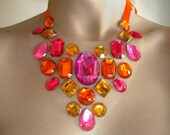 Colorful Tutti Frutti Bright Orange and Pink Rhinestone Floating Gem Illusion Statement Necklace