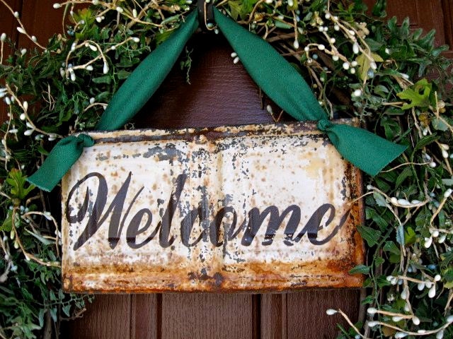 Welcome Sign made with Antique Ceiling Tin Tile / Wreath Decor / Architectural Salvage