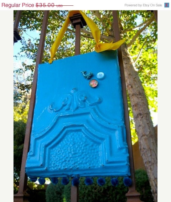 ON SALE Turquoise MAGNETIC Memo Board / Antique Ceiling Tin Wall Hanging / Wall Decor / Magnet Board / Industrial