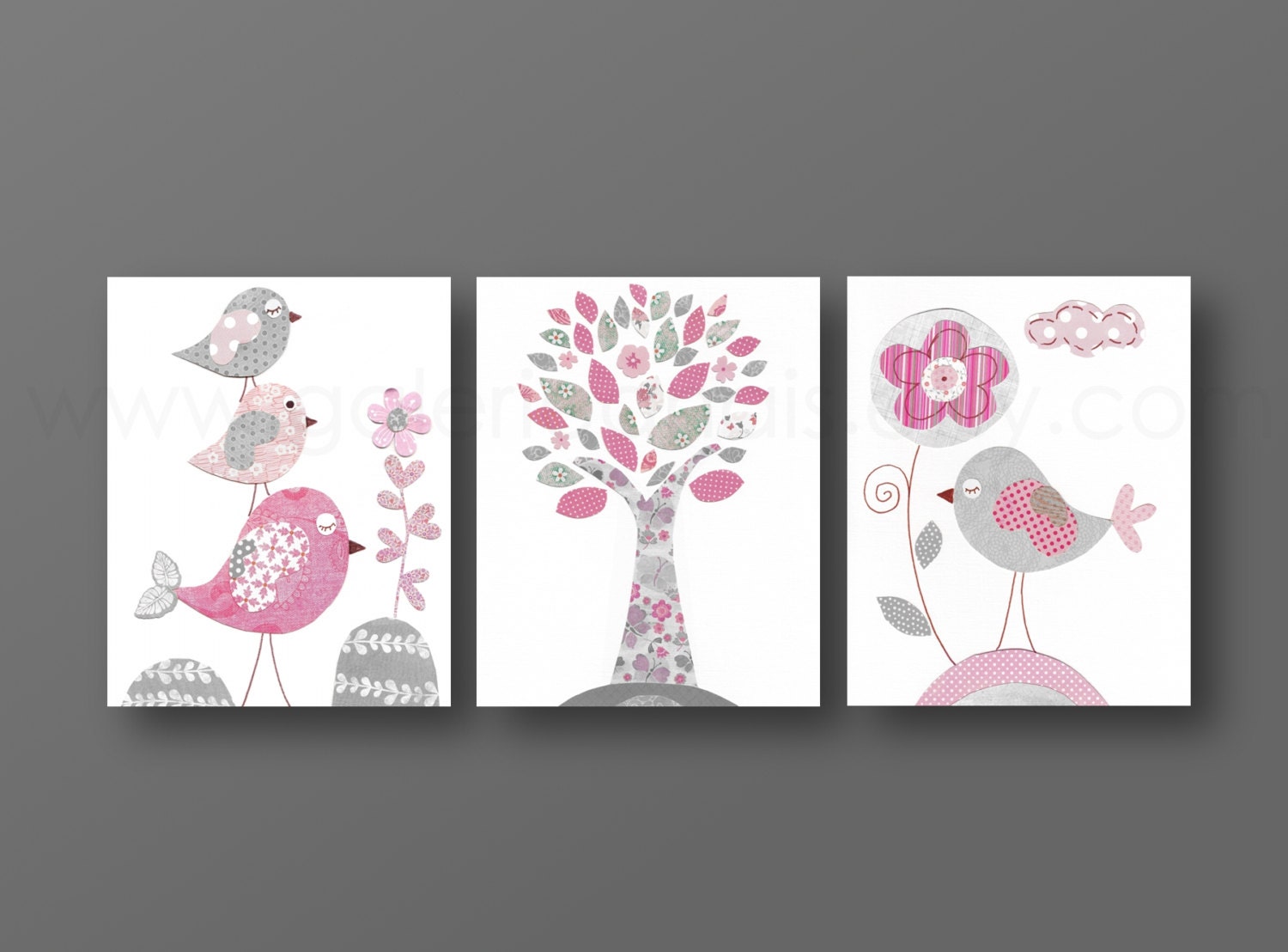 Pink and gray Nursery wall art, baby nursery, Nursery decor art, children art, tree, flower, Birds, Set of three 8x10 prints