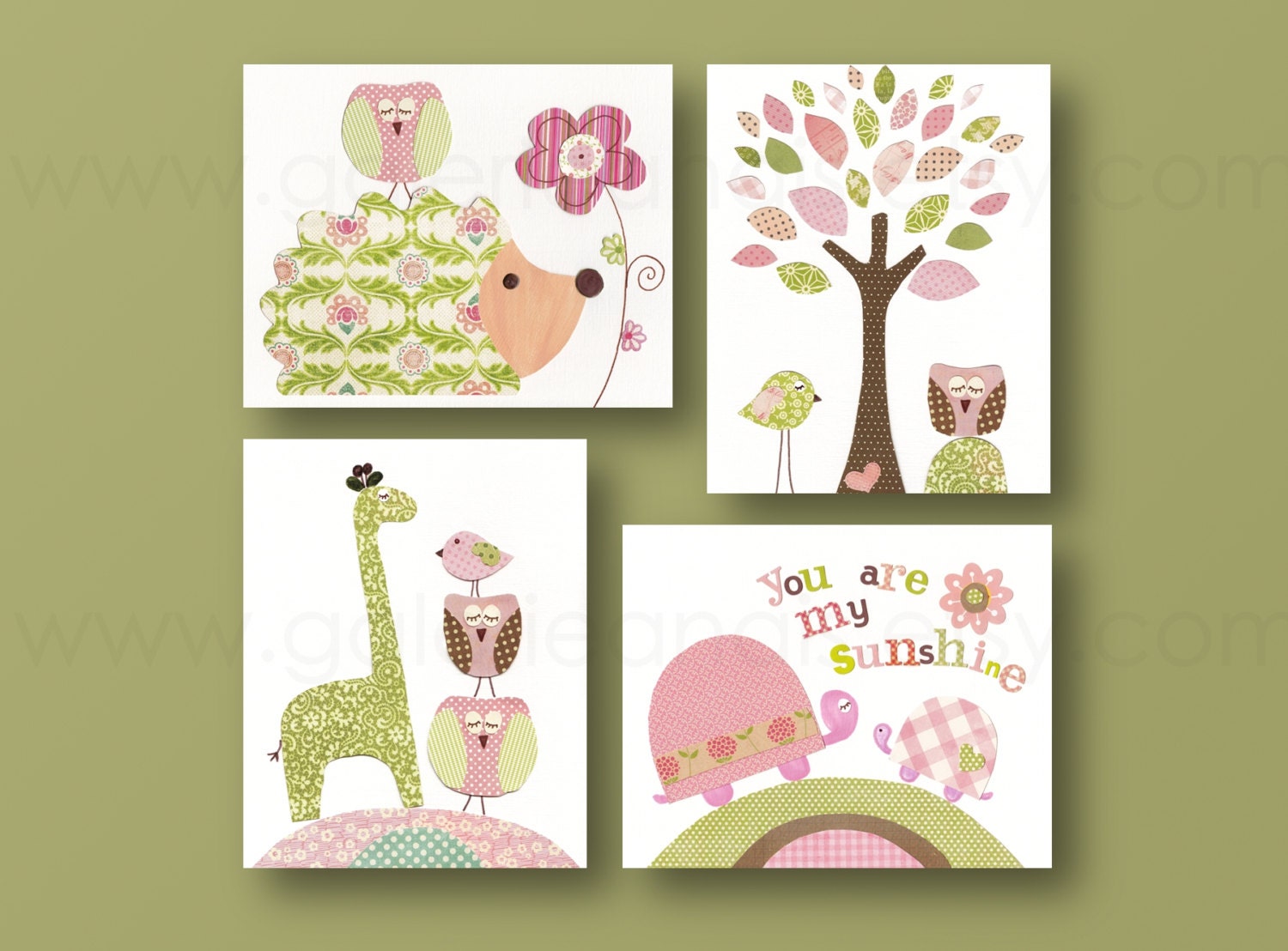 Girl Nursery Art, baby nursery, nursery wall art, hedgehog, giraffe, turtle, Birds, tree, You are my sunshine Set of 4, 8x10 prints