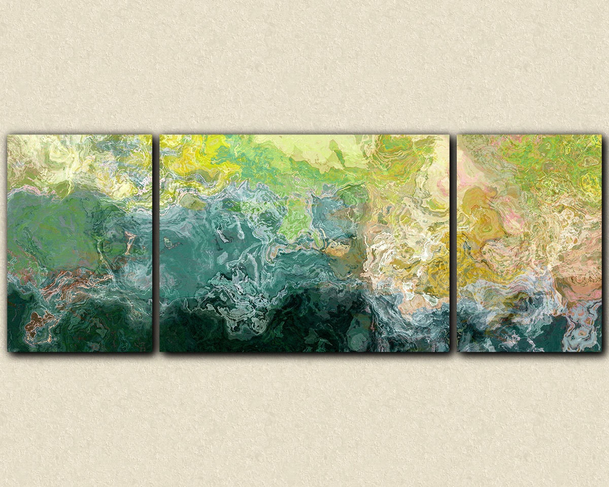 Oversized triptych abstract art 30x80 canvas print, giclee in blue, green and yellow, from abstract painting "Sea Coast"