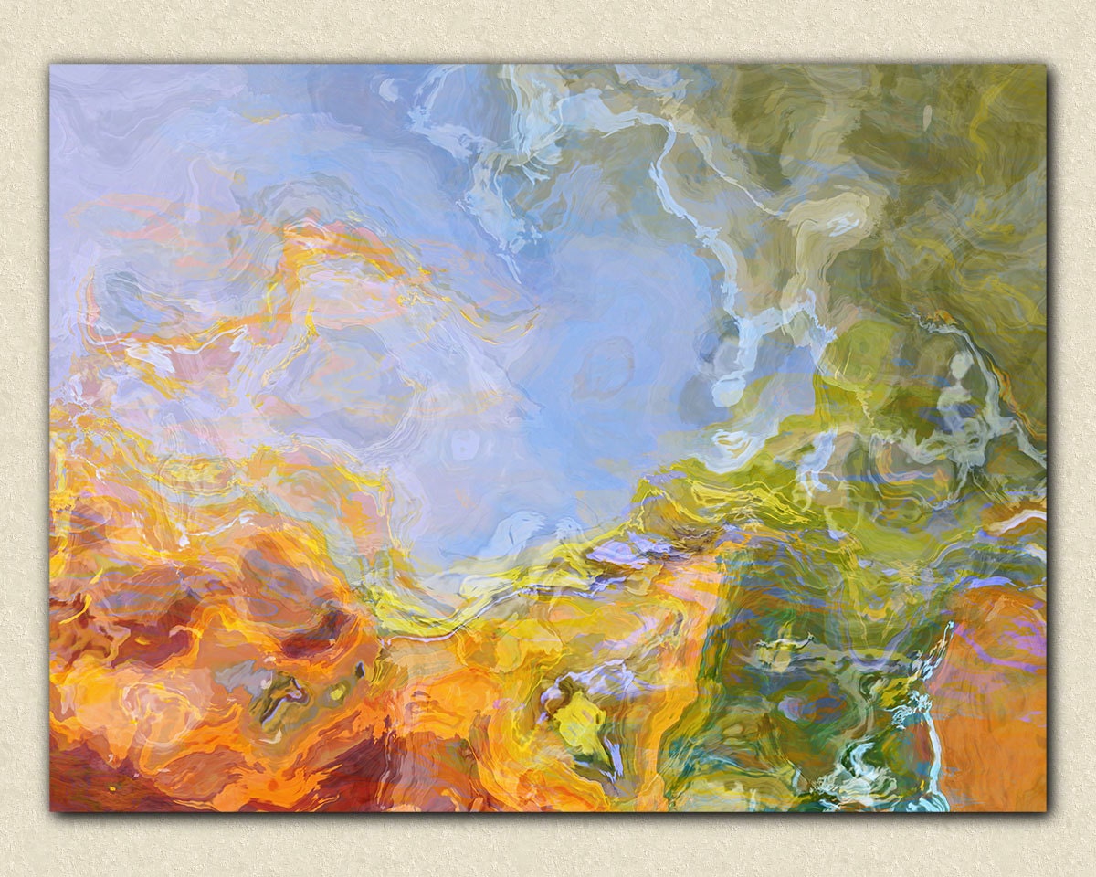 Large abstract art, 30x40 gallery wrap giclee canvas print, in orange, blue and green, from abstract painting "Sing To Me The Dream"