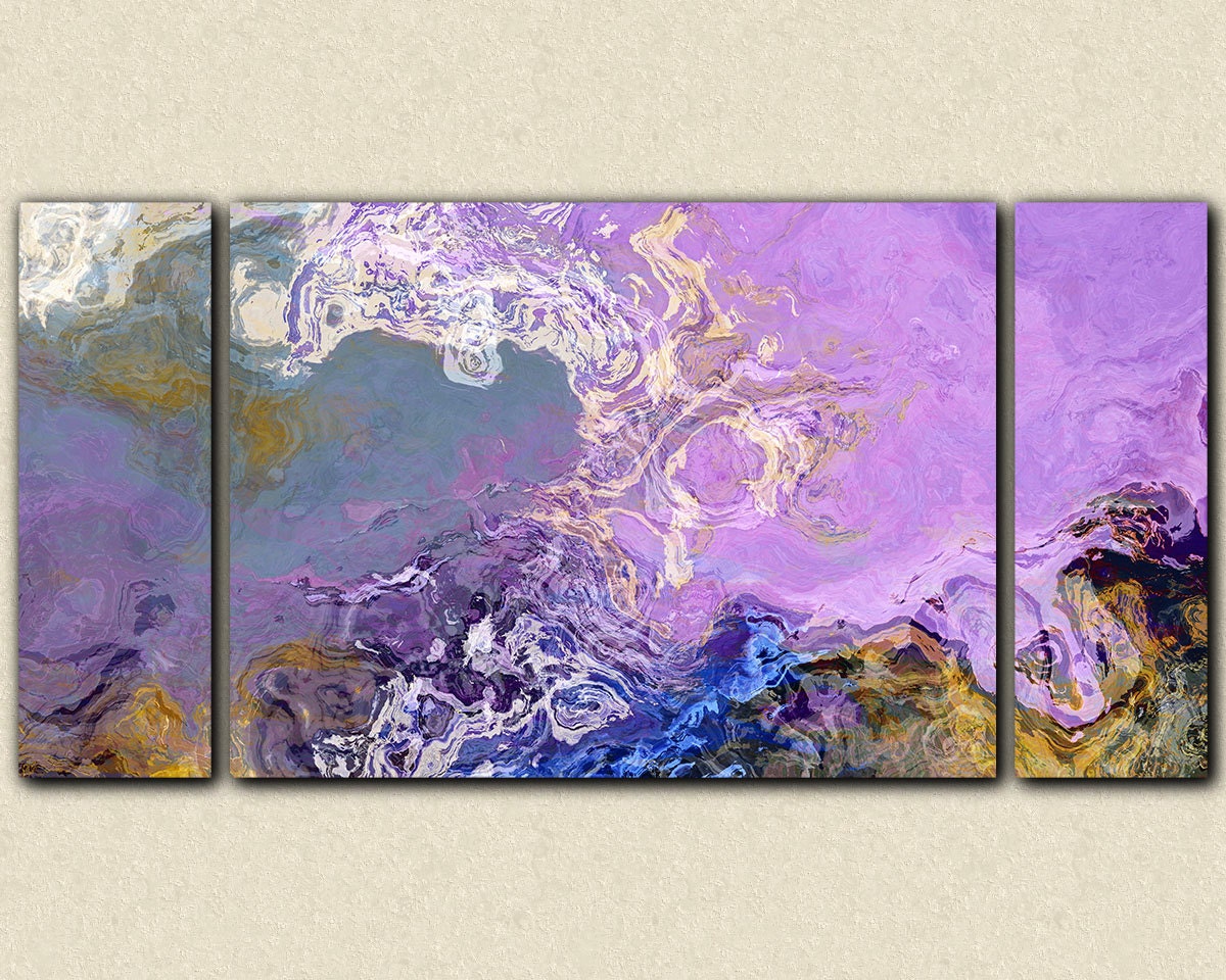 Large triptych abstract expressionism stretched canvas print, 30x60 in lilac and blue, from abstract painting "Lilac Festival"