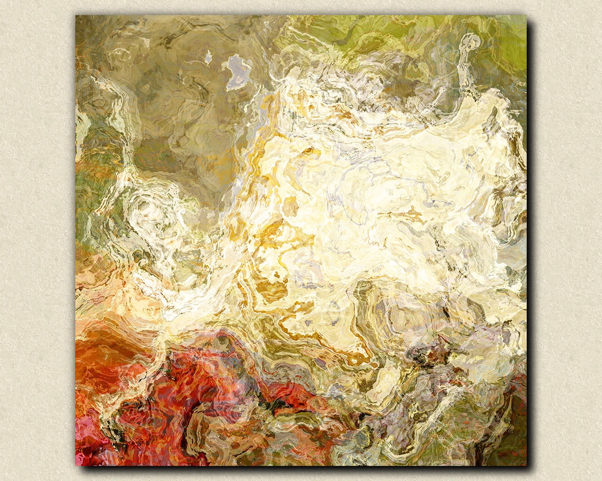 Large modern art gallery wrap canvas print, 30x30 abstract in olive greens and rusty oranges, from abstract painting "Chrysanthemum"