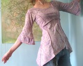 Womens tunic top Asymmetrical beige jersey with pastel lavender roses print structured futuristic bell sleeves modern bohemian style