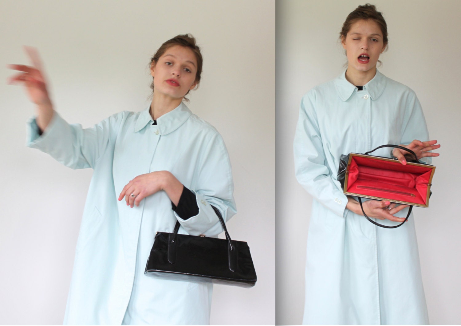vintage 1950s black patent handbag. Jet vinyl frame kelly bag. Cherry red lining. Mid century vegan vintage / the DRY MARTINI purse