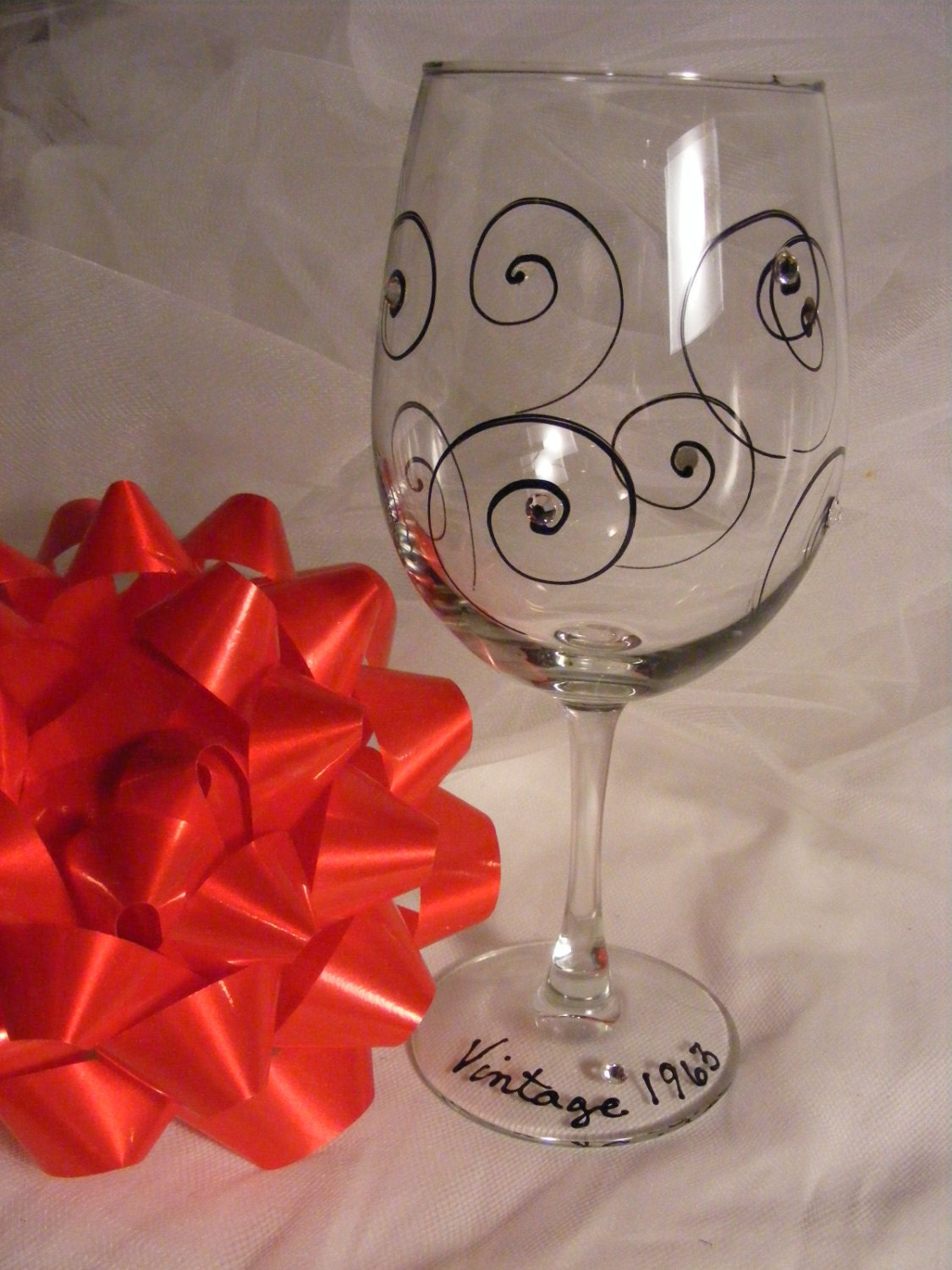 Birthday wine glass "Vintage 1963" 50th birthday -swirls and Swarovski crystals