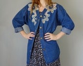 Vintage RHINESTONE Jean Jacket / 1980s Denim Coat / Oversize Jean Jacket
