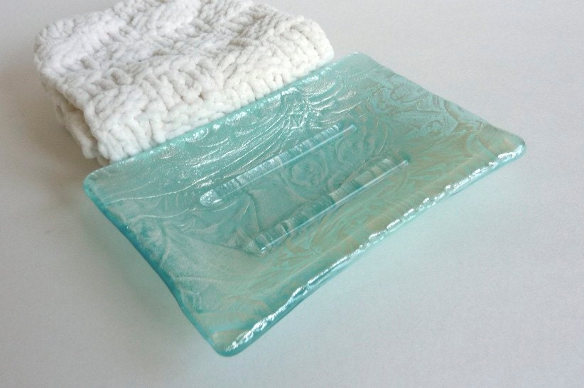 Soap Dish in Silver and Aqua Fused Glass