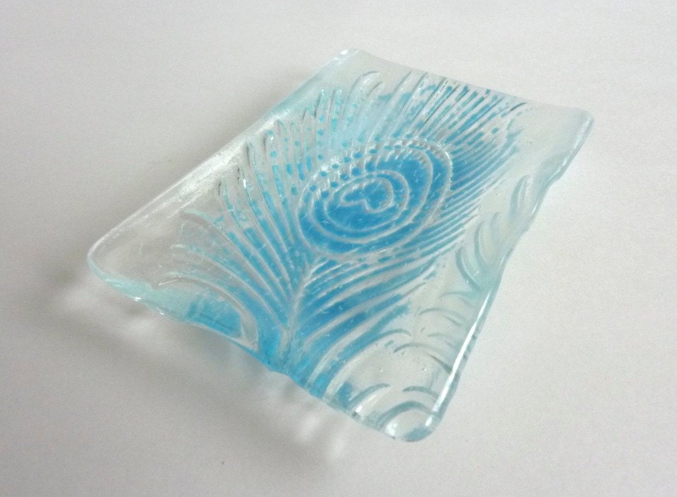 Peacock Feather Imprint Dish in Pale Blue and White Glass