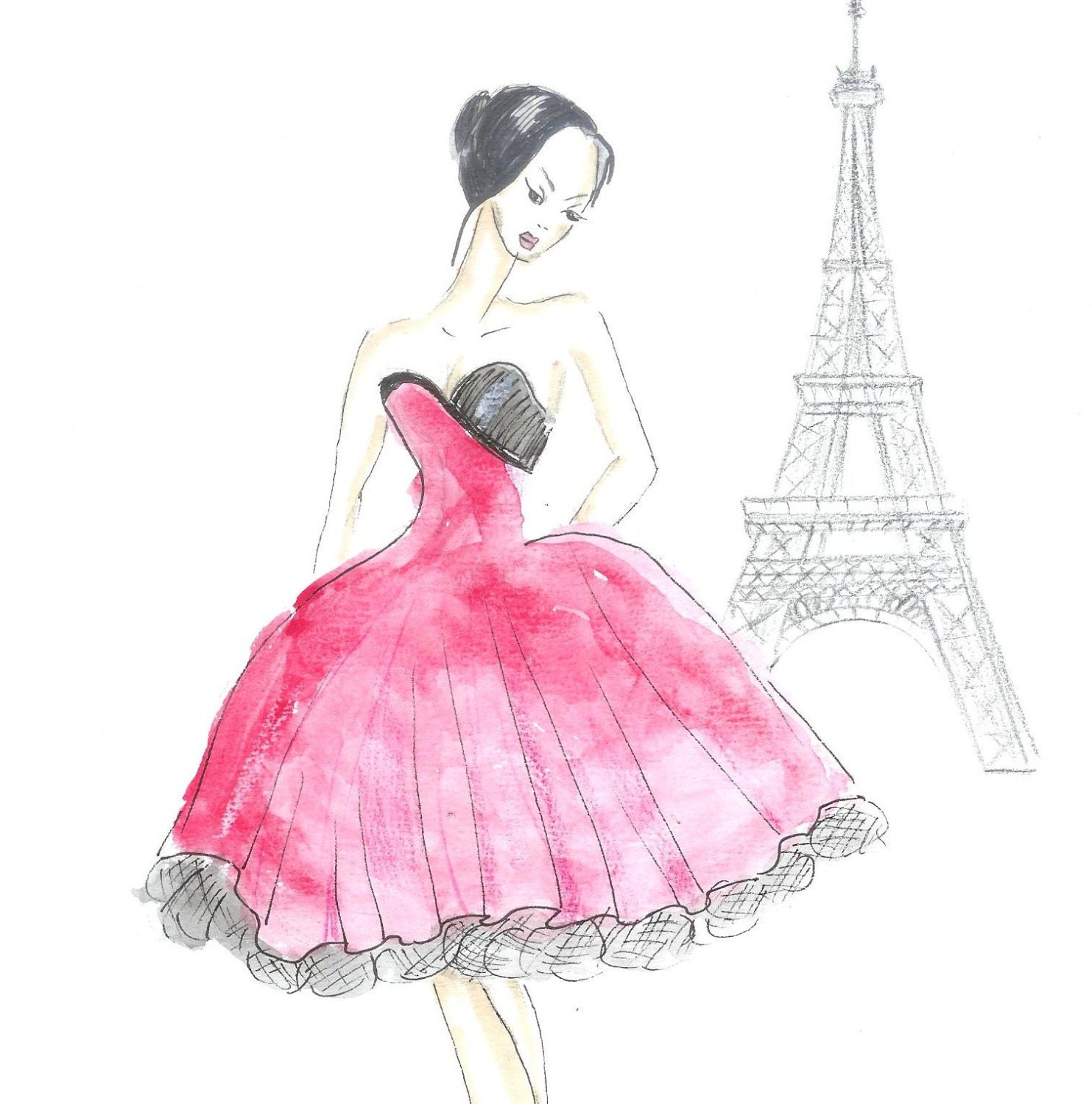 Paris watercolor illustration, red dress fashion illustration, fashion art, custom illustration, fashion sketch, dress drawing