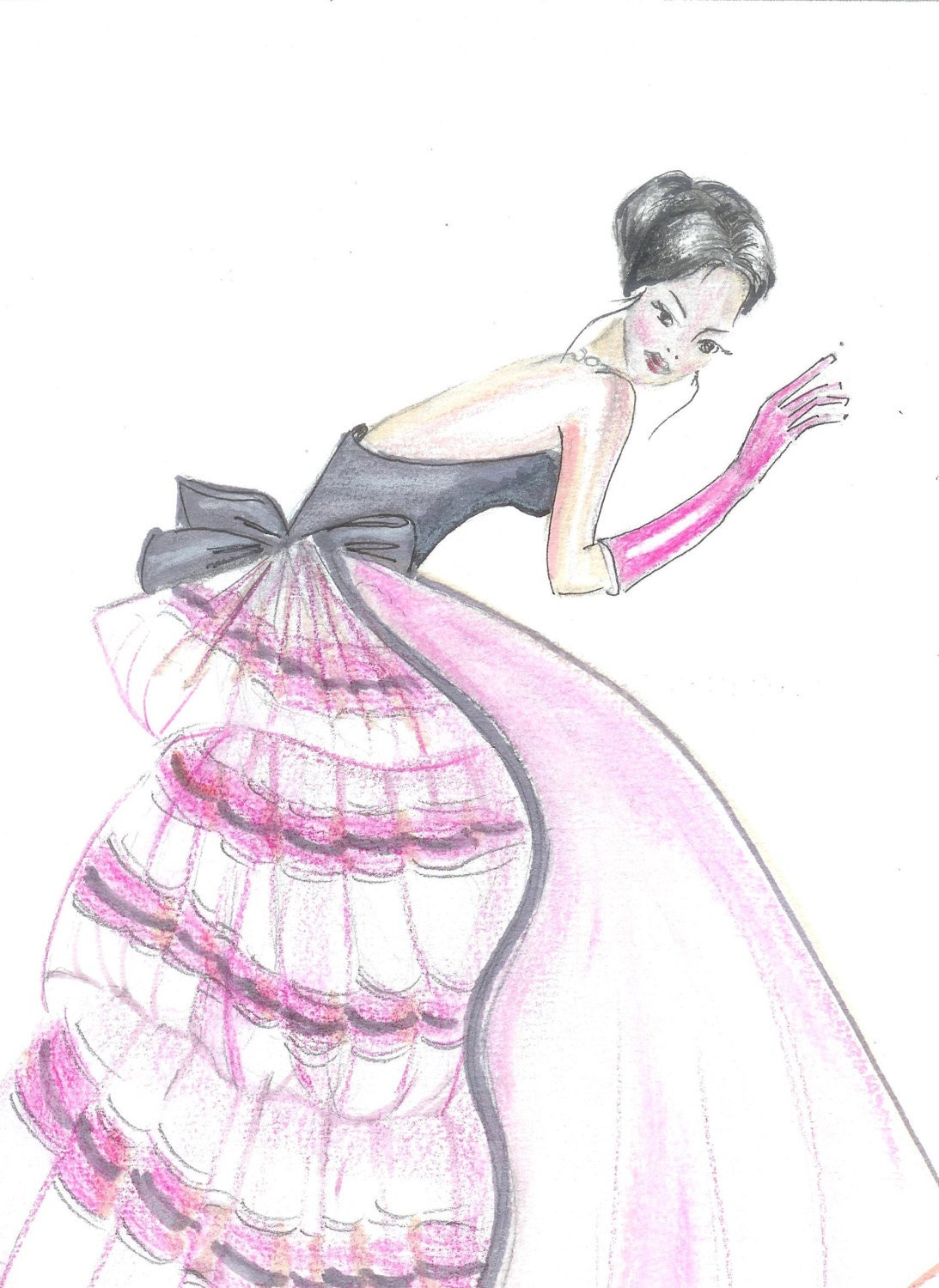 Fashion illustration print, 1800's ball gown,  pink ballgown drawing, fashion art, pencil art, fashion sketch, custom illustration