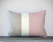Pastel Pink Color Block Decorative Pillow with Cream and Natural Linen Stripes by JillianReneDecor Spring Home Decor - Girls Bedroom Nursery - JillianReneDecor