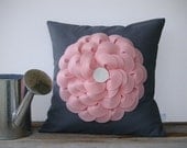 Large Pastel Pink Flower Pillow in Charcoal Gray Linen by JillianReneDecor Nursery Decor Gift for Her Floral Spring Girl's Baby Shower