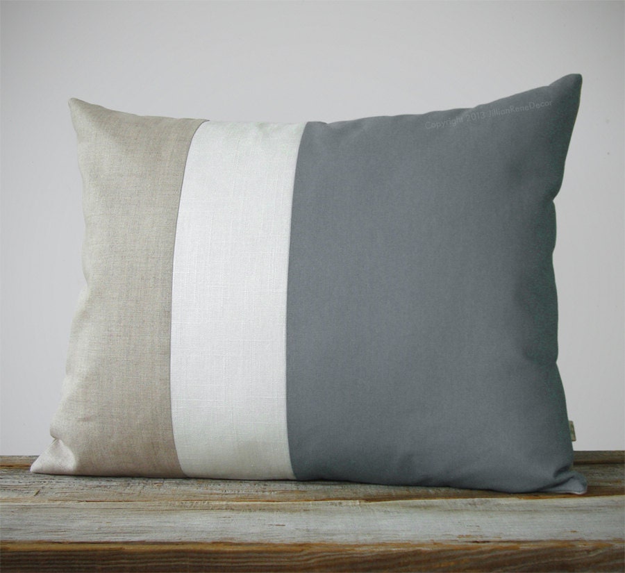 16x20 Color Block Pillow in Gray, Cream and Natural Linen by JillianReneDecor - Minimal Home Decor - Striped Trio - Custom