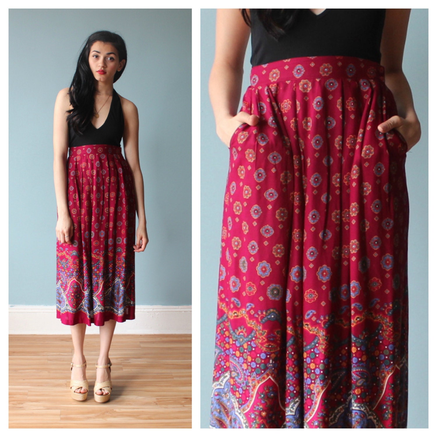 magenta midi skirt / floral paisley skirt / 1980s / medium - large