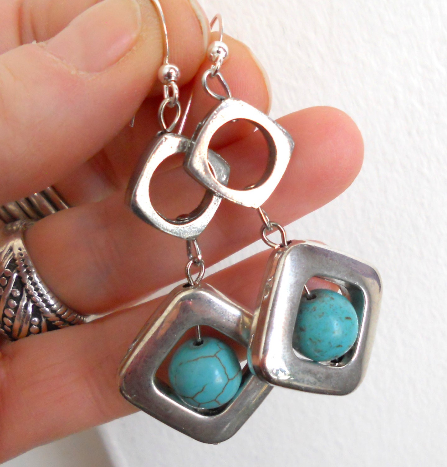 Turquoise earrings, Long turquoise dangle earrings with silver, gypsy jewelry