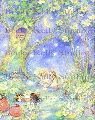 Gathering Stars, Fairy Art, Faerie Print, 8X 10, girls room art, whimsical print, woodland fairy scene