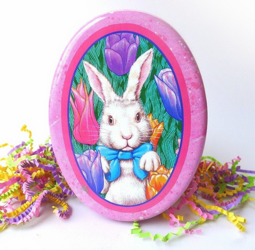 Vintage Easter Tin Rabbit Tulip Garden Bright Pink Candy Box